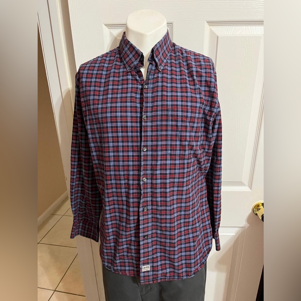 Izod Men's Casual Plaid Shirt - Red and Blue (24)